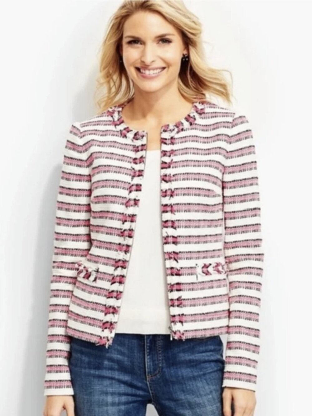 Talbots Ivory Pink Black Striped Tweed Fringe Zip-Front Blazer Jacket 10